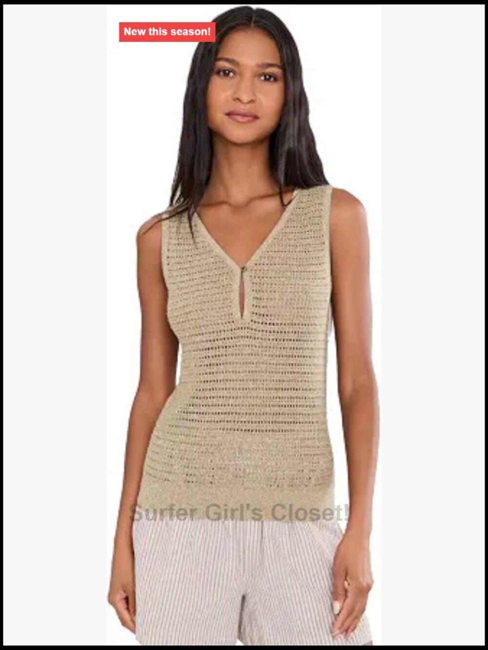 Cotton Knit Tank Top with Button Neckline Relaxed Fit Sleeveless